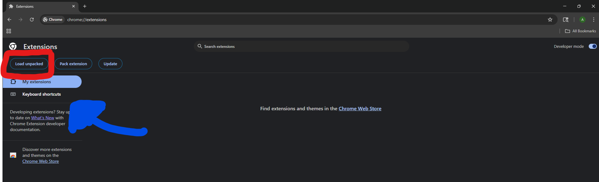 Load unpacked button and folder selection dialog