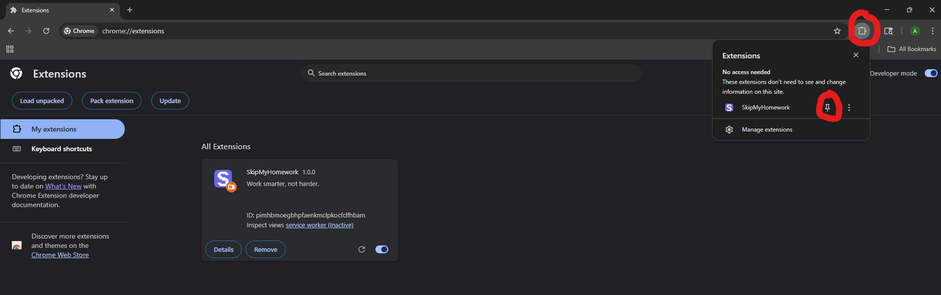 Pinning SkipMyHomework extension in Chrome toolbar